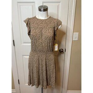 Boden Olive Green & Light Pink Leaf Foliage Short Sleeve Dress, Size 2P